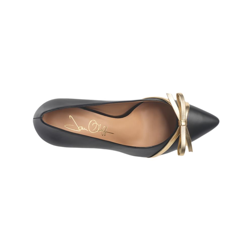 Divine Black Mestico Leather Pointed Toe Pumps with Gold Bow - Image 3