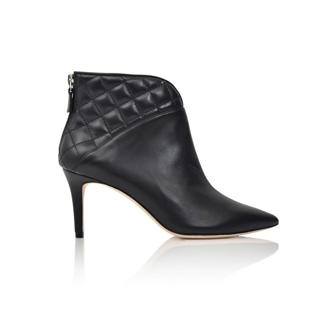 Side view of Daron black quilted leather ankle bootie with 75mm heel