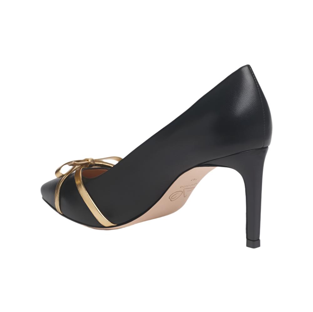 Divine Black Mestico Leather Pointed Toe Pumps with Gold Bow - Image 4