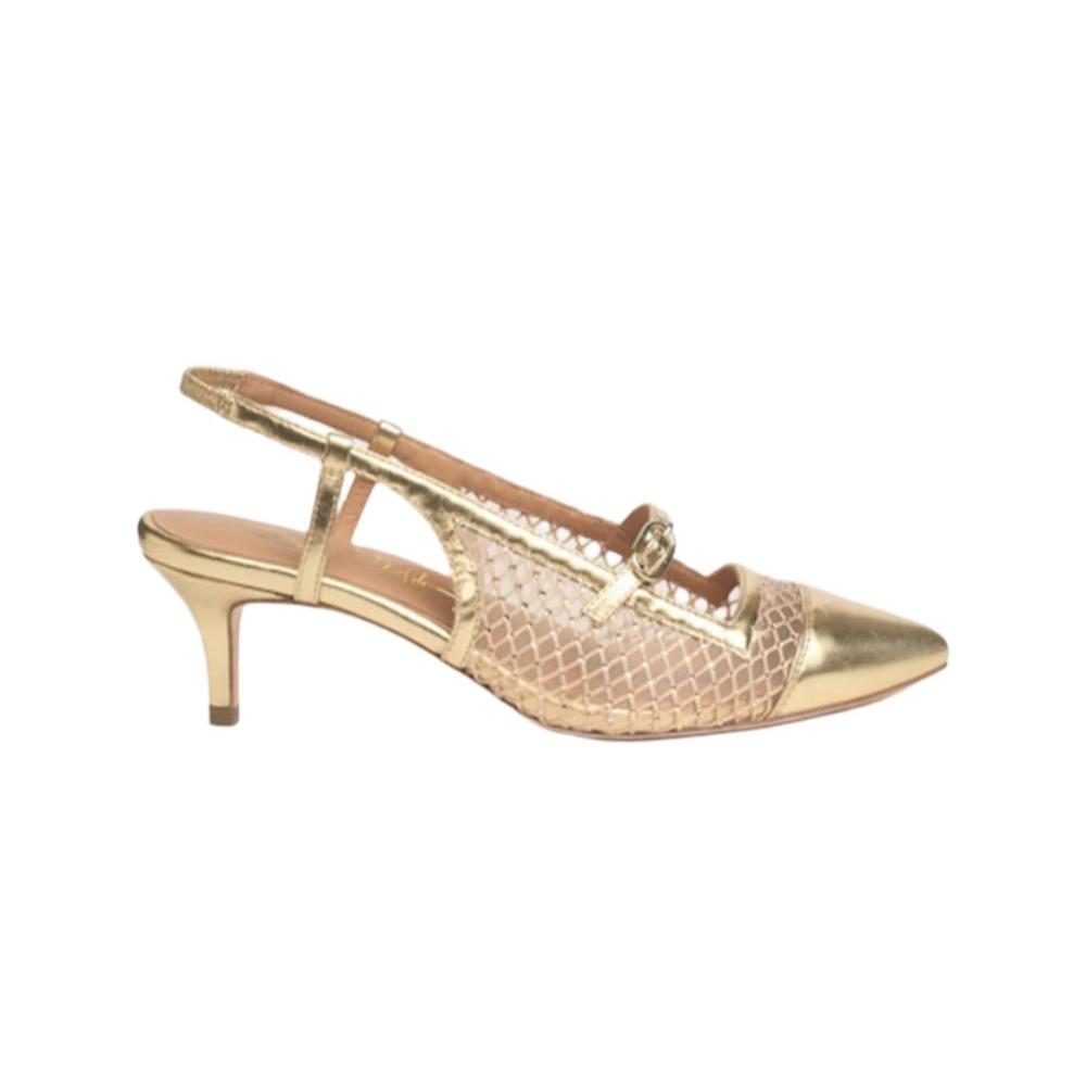 Sophisticated gold tapered kitten heel pump with a 50mm height, ideal for evening attire.