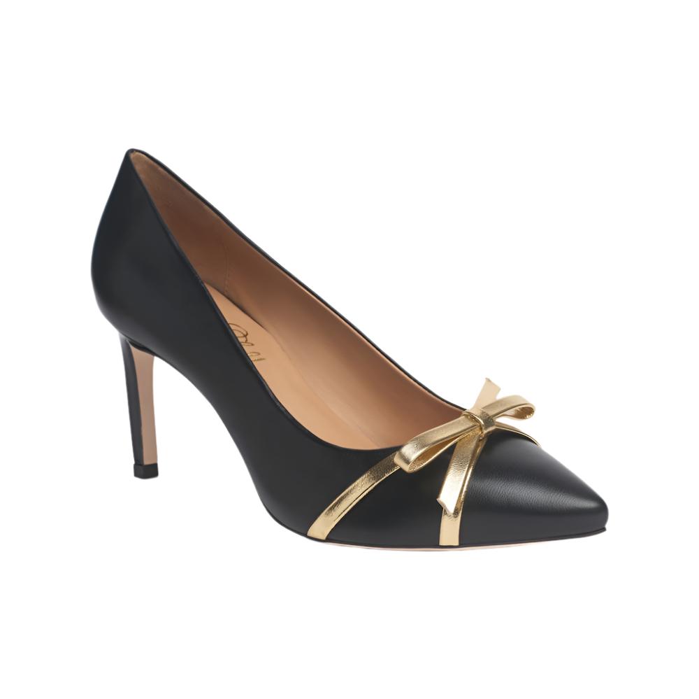 Divine Black Mestico Leather Pointed Toe Pumps with Gold Bow - Image 2