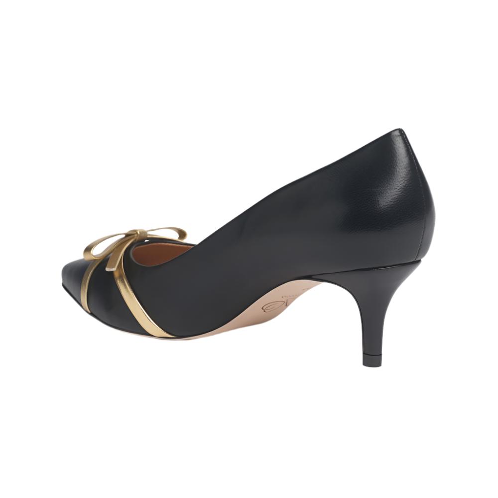 Celine Black Mestico Kitten Heel Pump with Gold Bow Detail