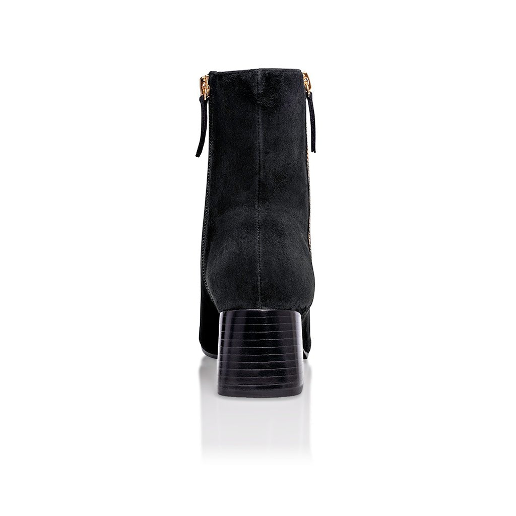 Arina Dress Ankle Bootie with a Block Heel in Black Suede