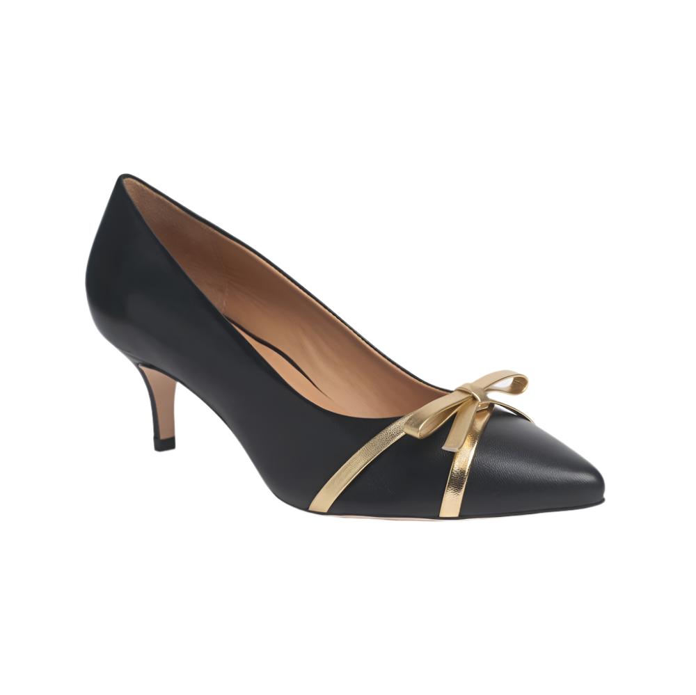 Celine Black Mestico Kitten Heel Pump with Gold Bow Detail