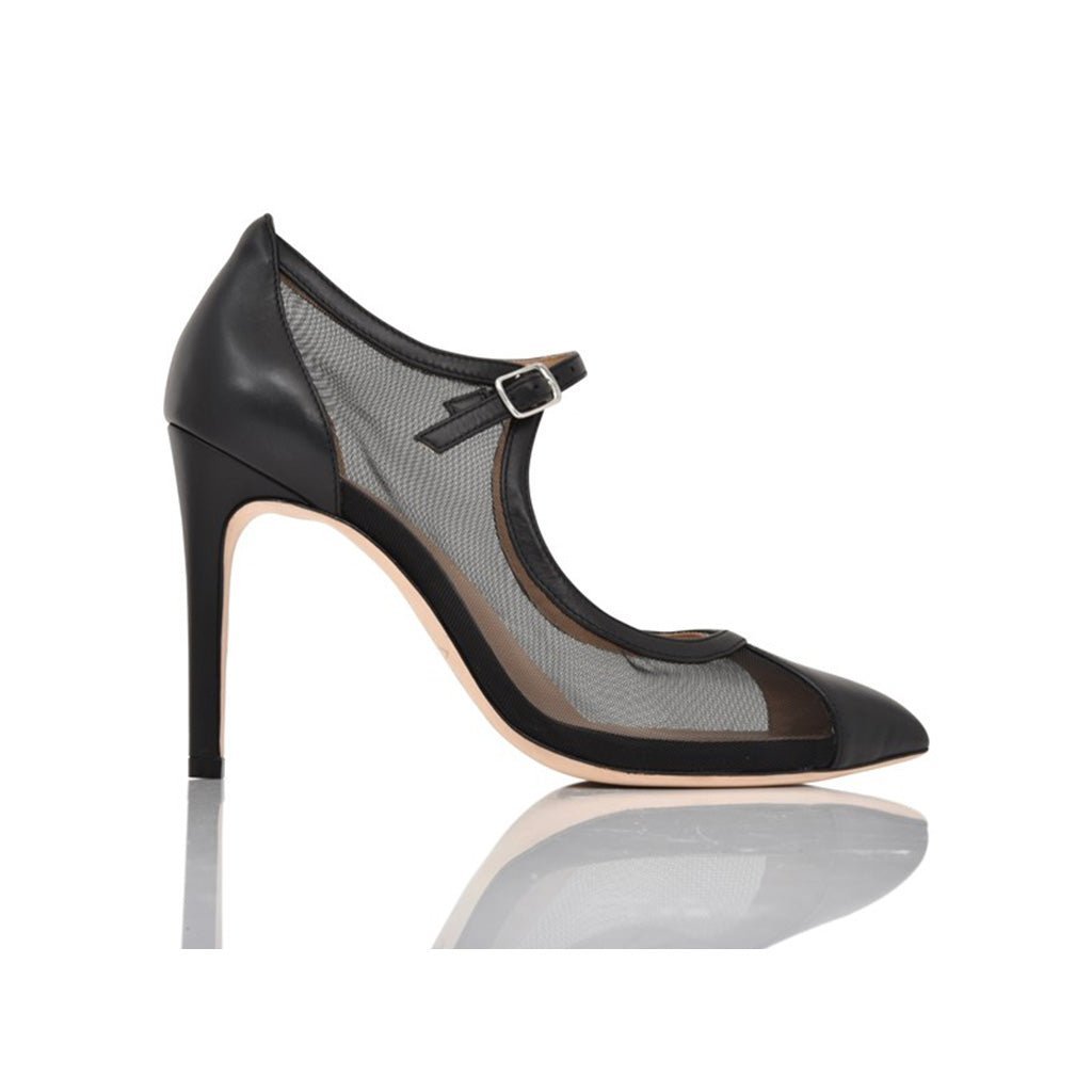 Side view of a black Nappa leather and mesh stiletto Mary Jane pump with a 100mm heel.