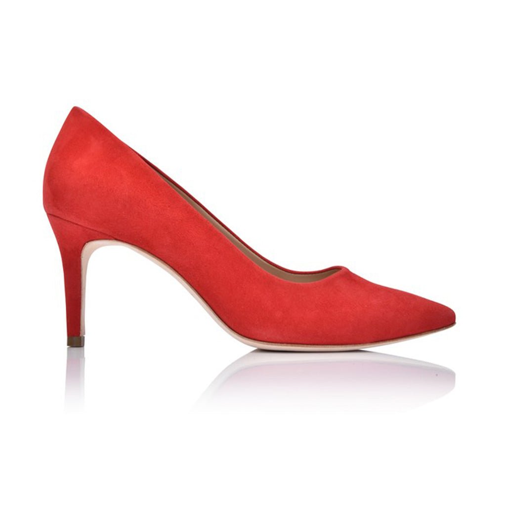 A pair of red suede pointed-toe pumps with a 75mm mid-heel against a white background.