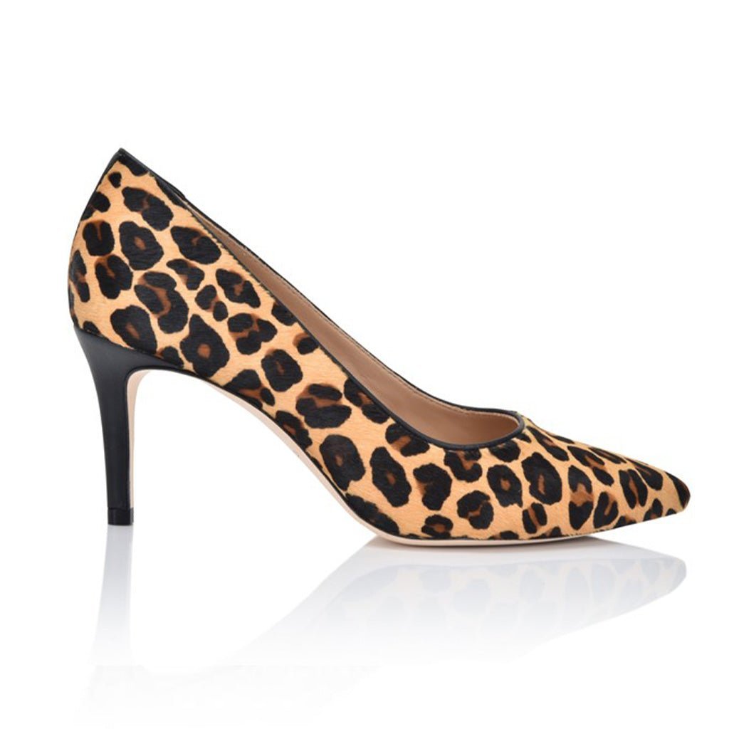 Side profile of a Deborah Leopard Print Hair Calf mid-heel pump on a white background.