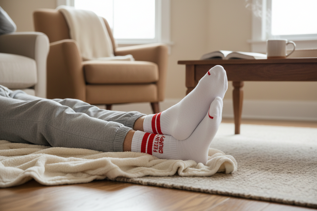 White sock with red text and accents on a light gray background