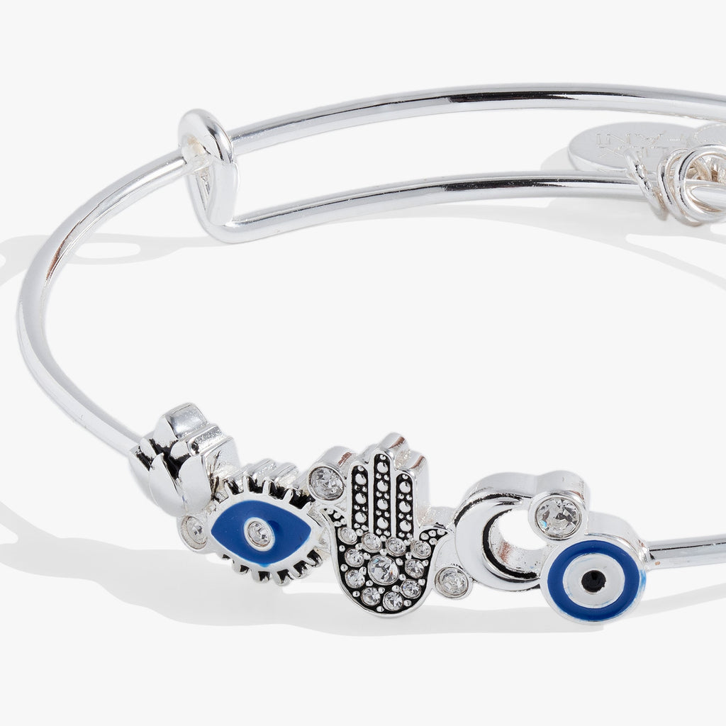 Protection Hamsa Hand Expandable Wire Bangle with Crystal Accents