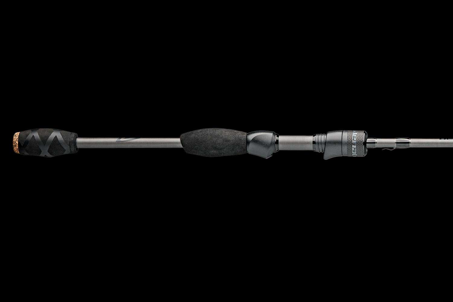 Close up of the Denali Pryme Onyx Series fishing rod handle with black foam grips and graphite rod blank.