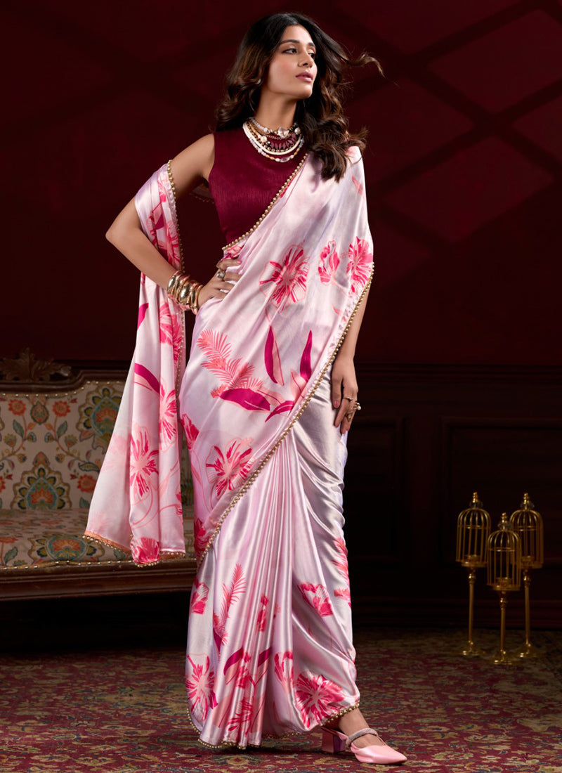Vegaa Fashion Light Pink Japan Satin With Pearl Lace Printed Designer Saree