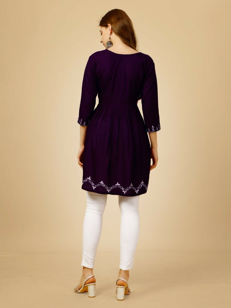 Women's Purple Viscose Rayon Embroidered Casual Top