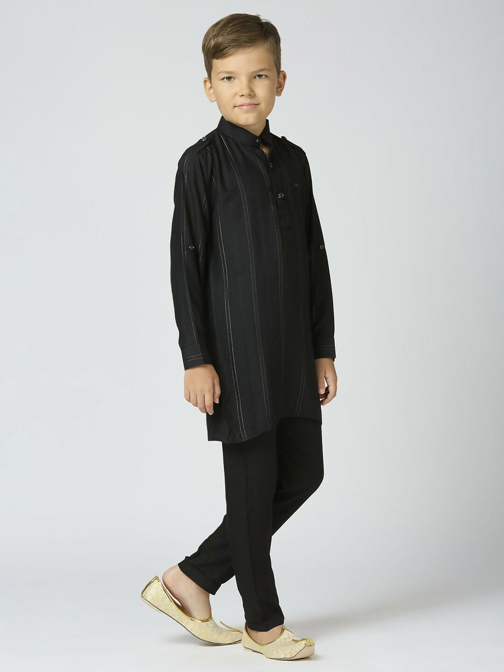 Boys Black Cotton Kurta and Pyjama Set with Striped Details