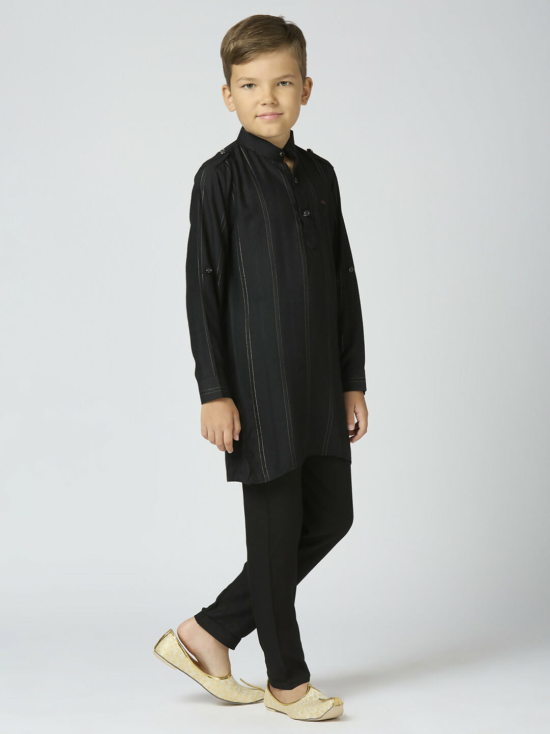 Boys Black Cotton Kurta and Pyjama Set with Striped Details