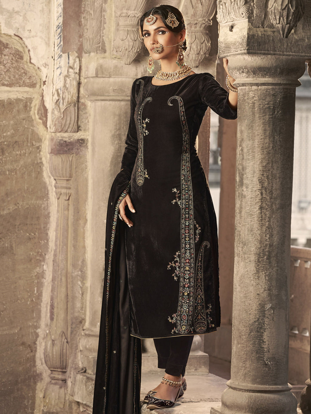 Women's Brown Velvet Floral Embroidered Kurta Set with Dupatta