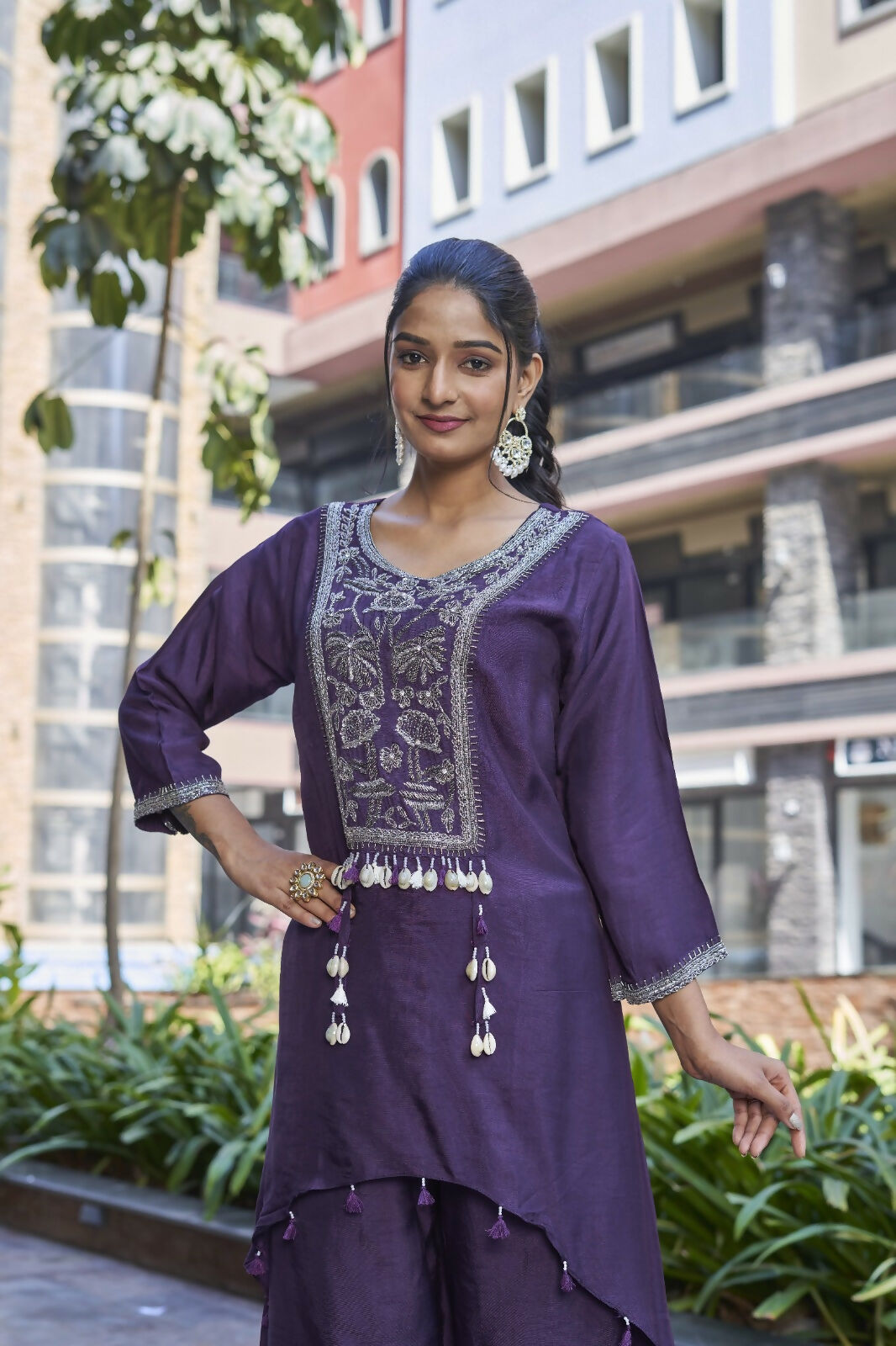 Purple Printed Dola Silk Handwork Kurta Set with Cotton Lining