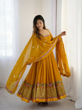 Mustard georgette readymade kurta set with intricate sequence embroidery and cotton inner lining