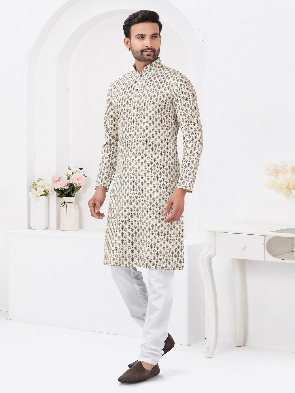 Boys Cream Rayon Cotton Printed Kurta Pyjama Ethnic Set