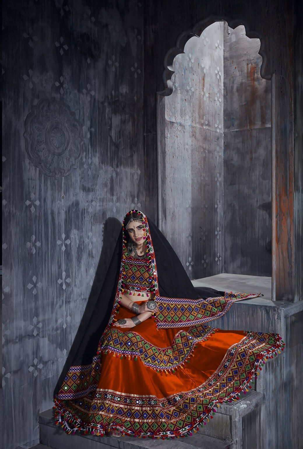 Orange Art Silk Designer Navratri Lehenga Choli with Black Dupatta