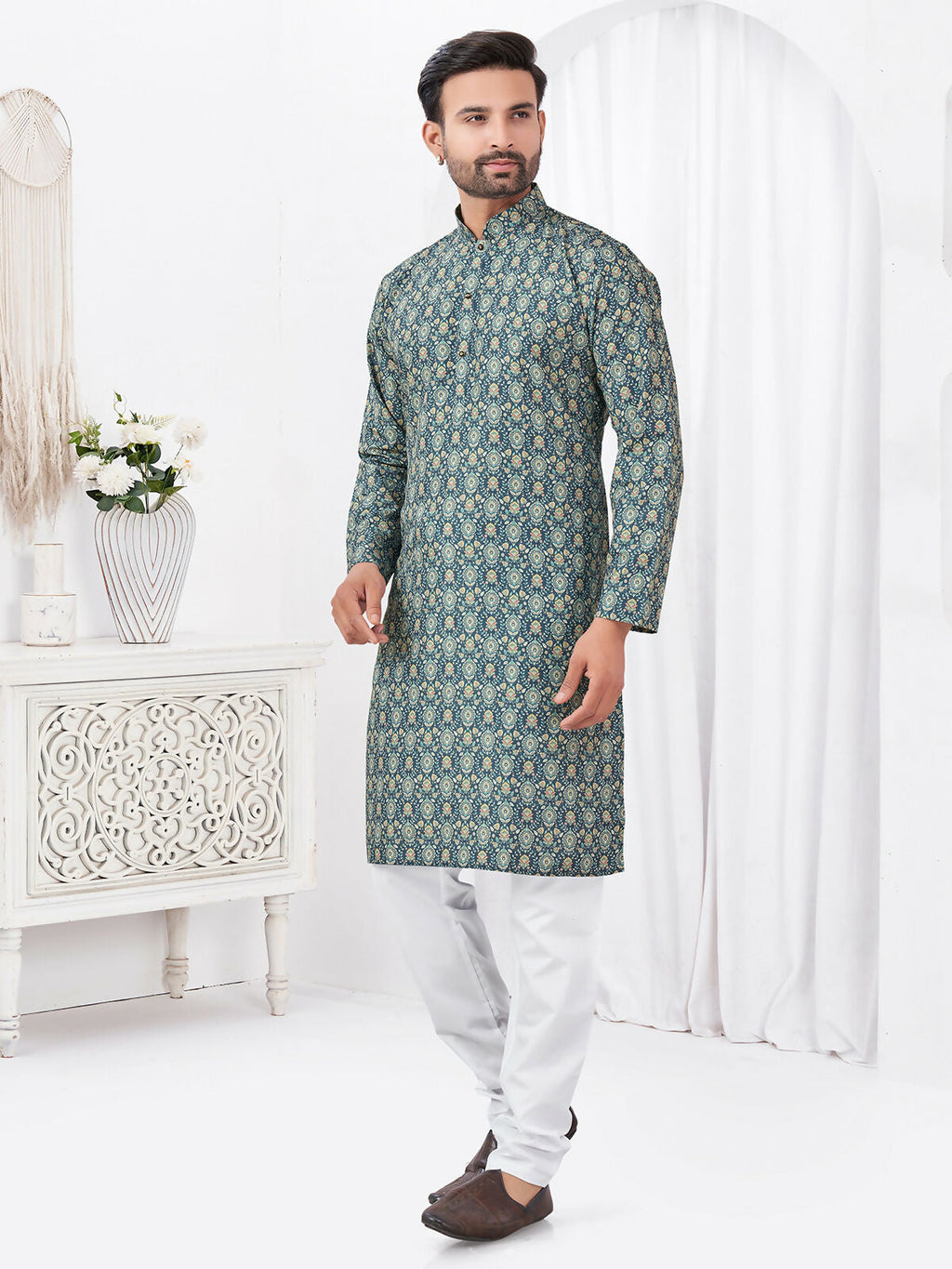 Boys Blue Printed Rayon Cotton Kurta Pyjama Ethnic Set