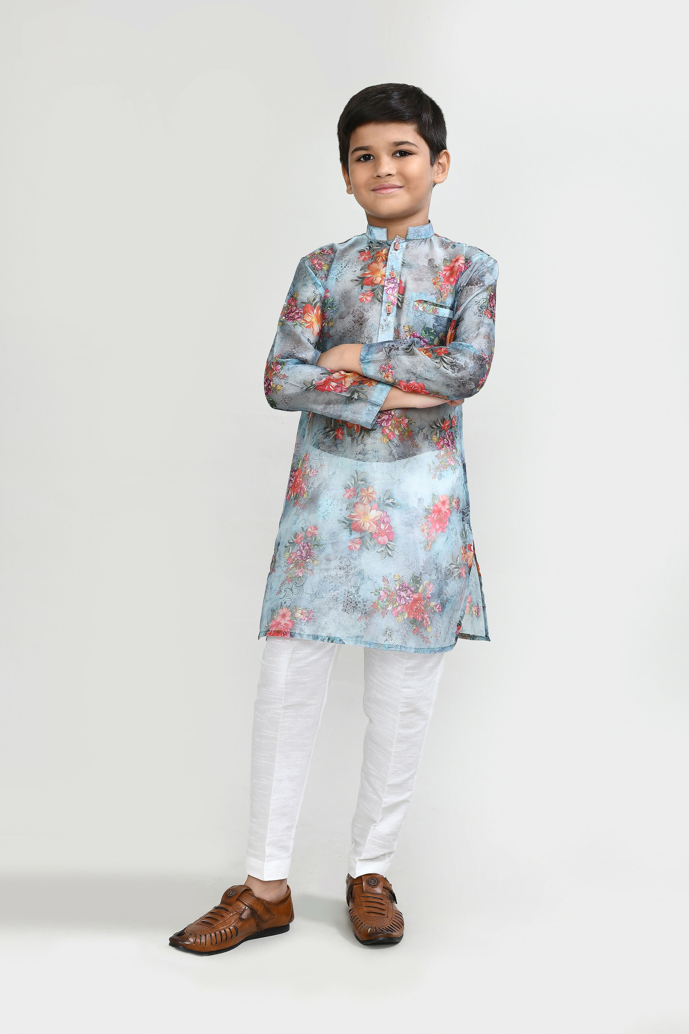 Sea green georgette kurta set paired with white straight-fit pants