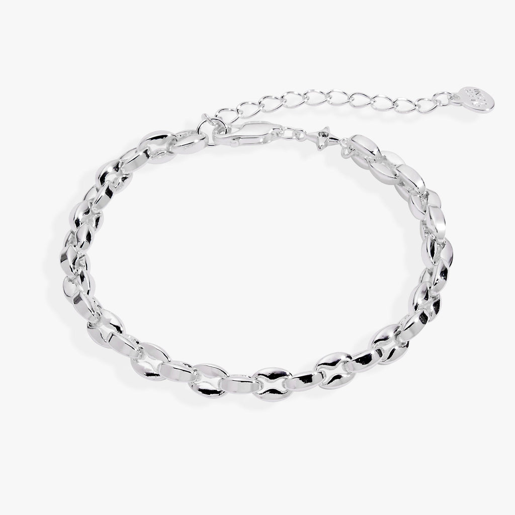 A silver-plated puffy rope chain bracelet with high-polished, dimensional links.