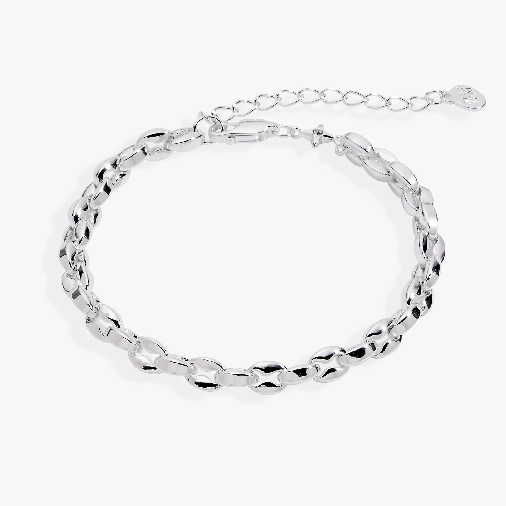 A silver-plated puffy rope chain bracelet with high-polished, dimensional links.