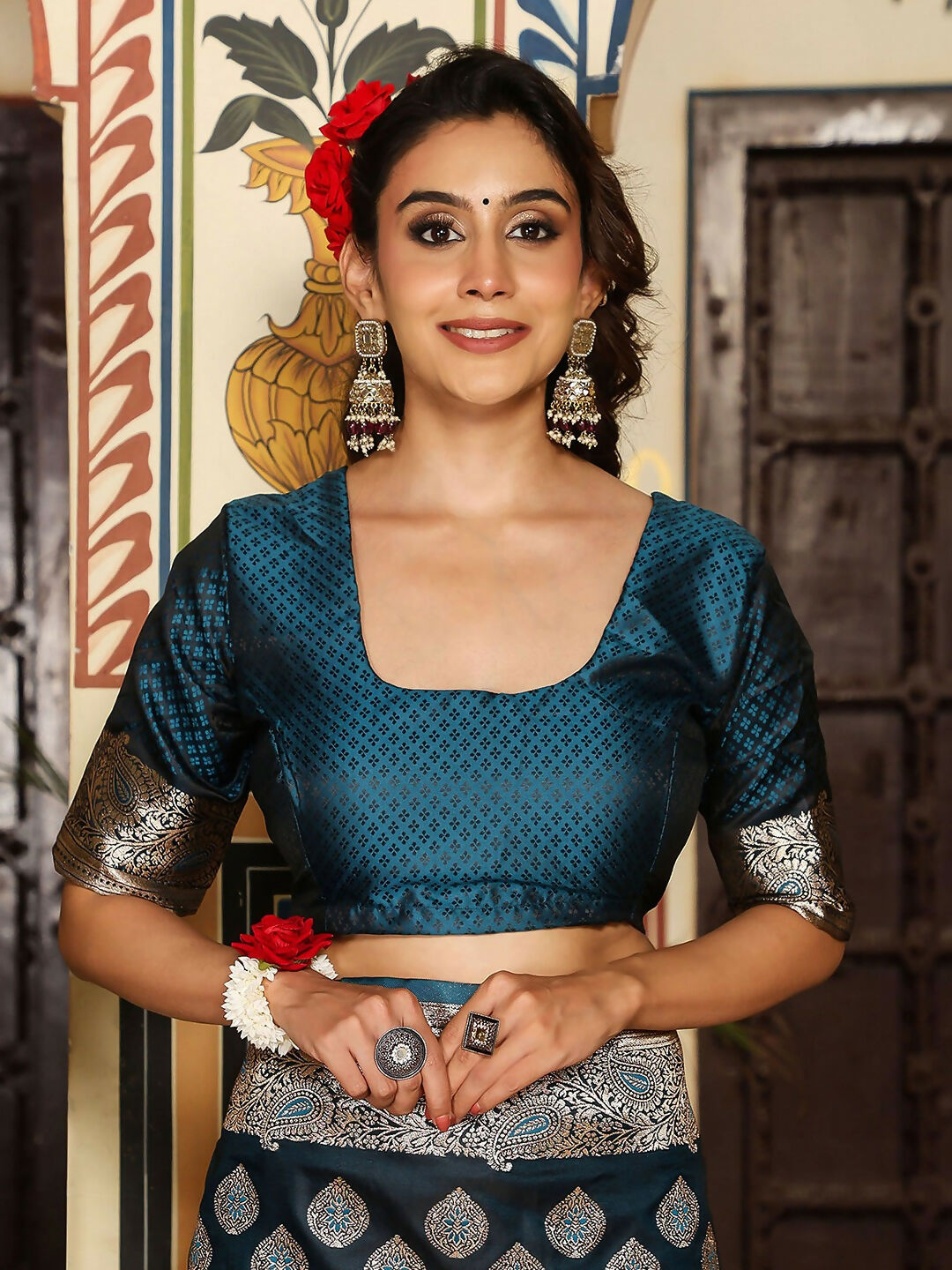 Teal Silk Saree with Matching Teal Silk Blouse