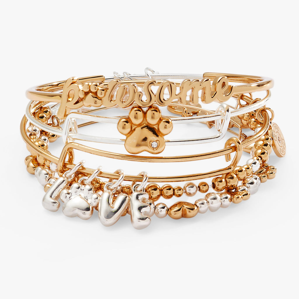 Five-piece Puppy Love bangle set featuring charm bracelets with paw print, heart, and LOVE details.