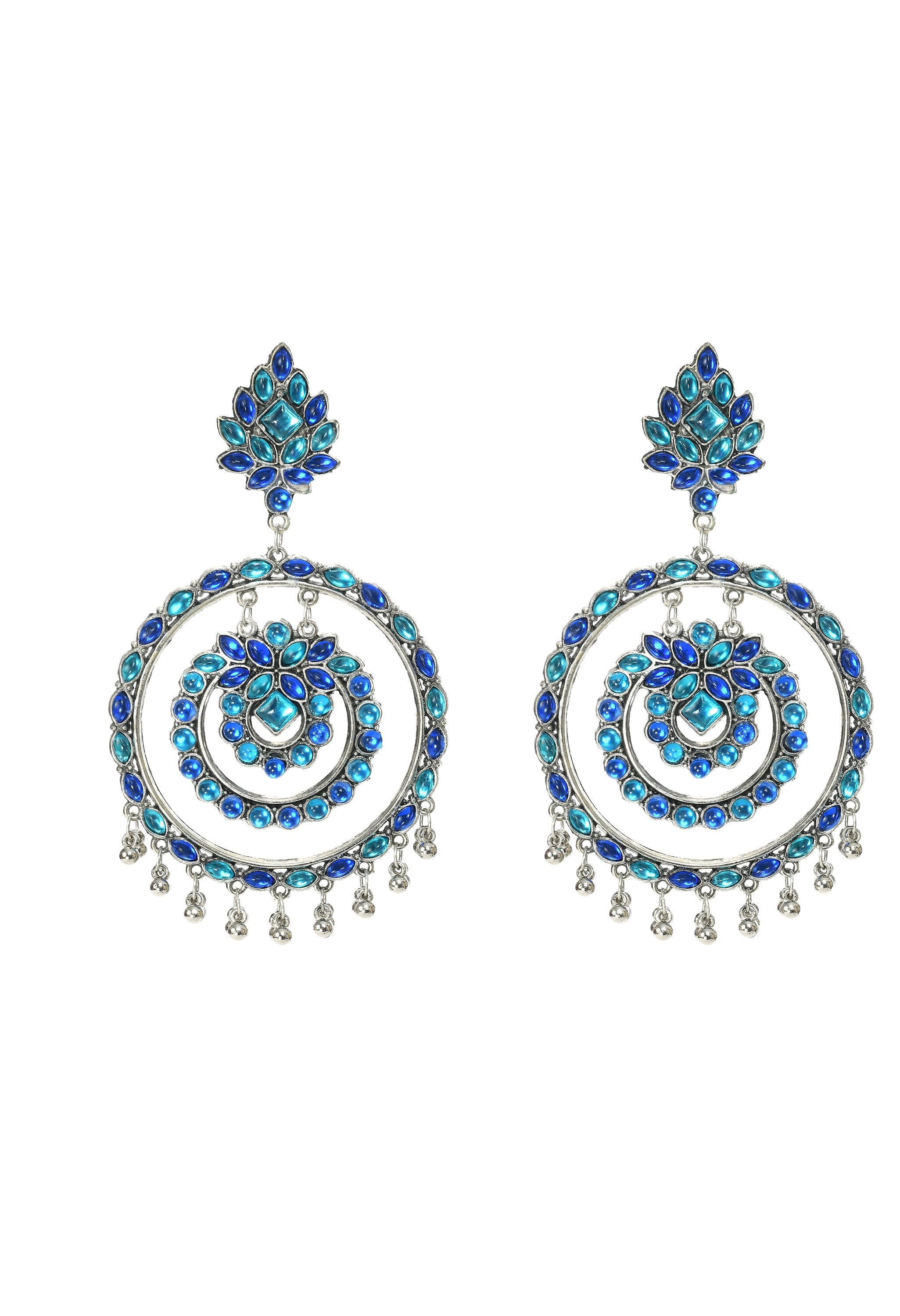 Blue Kundan circle earrings with decorative stone detailing