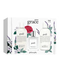 Philosophy Pure Grace gift set containing perfume, shower gel, and body lotion in minimalist white packaging.