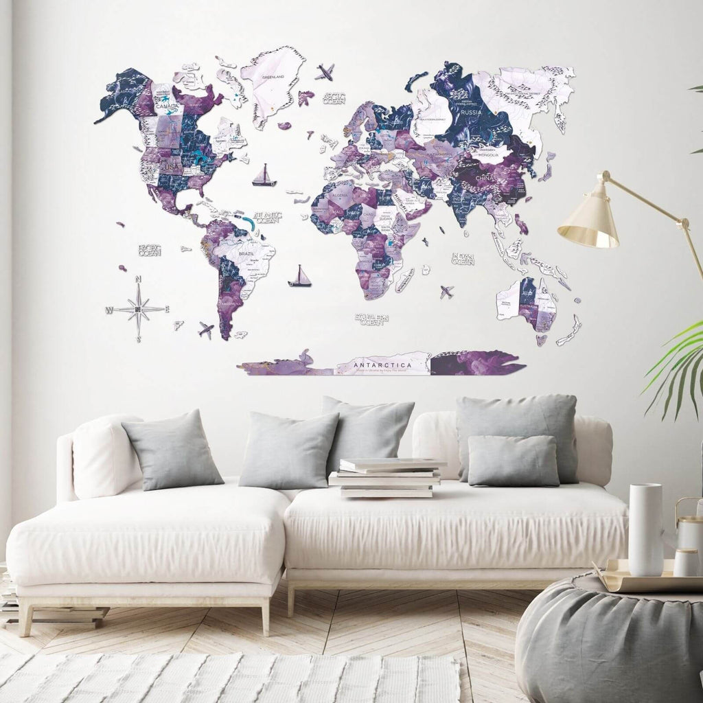 3D wooden world map in Milky Way purple and navy tones mounted on a minimalist wall