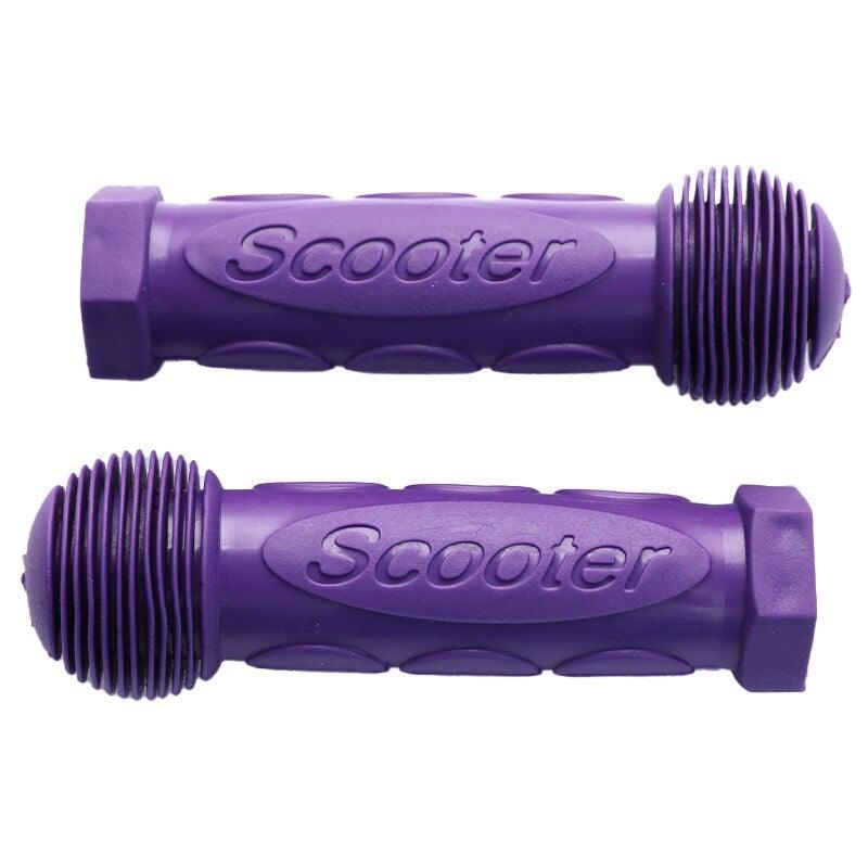 Purple rubber non-slip handlebar grips designed for children's bicycles and scooters