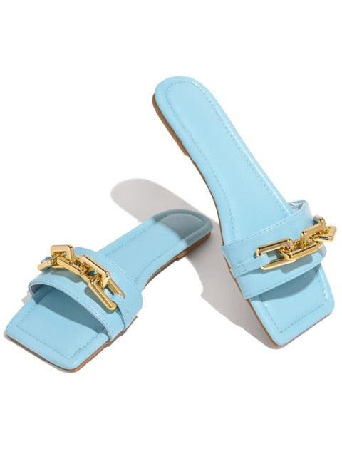 Purple Women's Square Head Flat Sandals with Gold Chain Detail