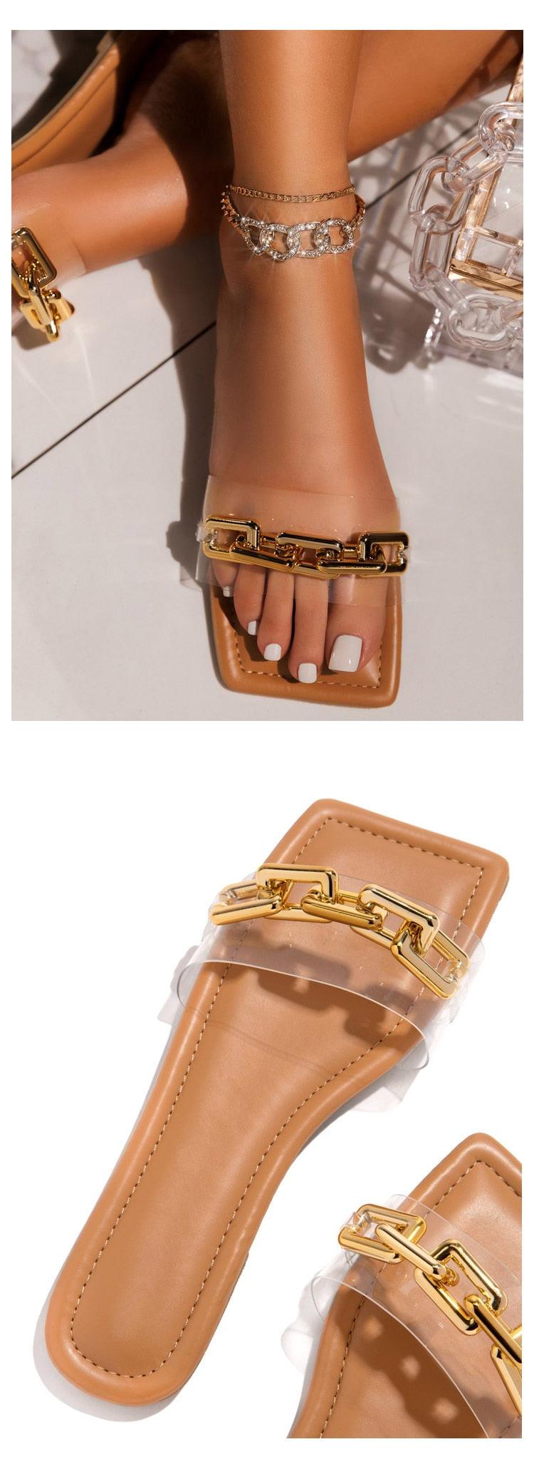 Purple Women's Square Head Flat Sandals with Gold Chain Detail