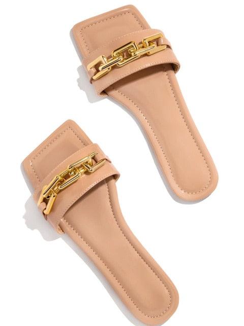 Purple Women's Square Head Flat Sandals with Gold Chain Detail