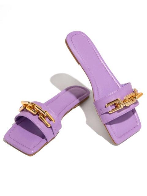Purple Women's Square Head Flat Sandals with Gold Chain Detail