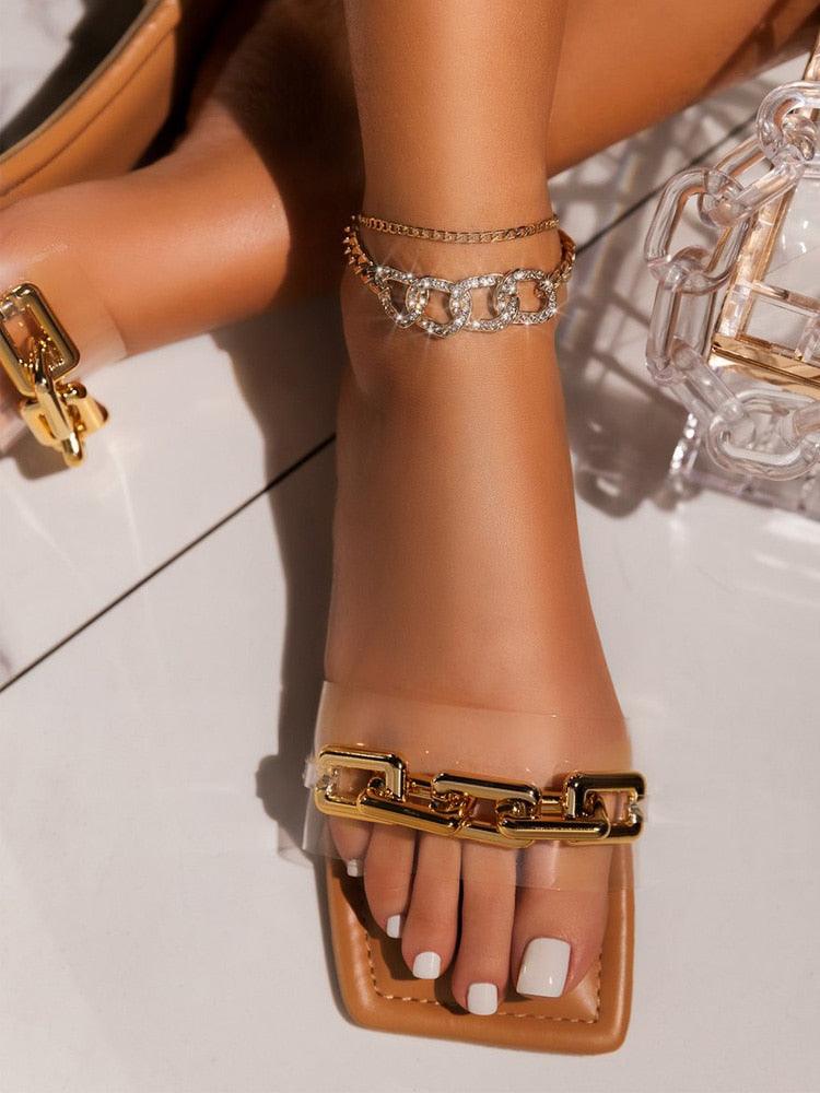 Purple Women's Square Head Flat Sandals with Gold Chain Detail