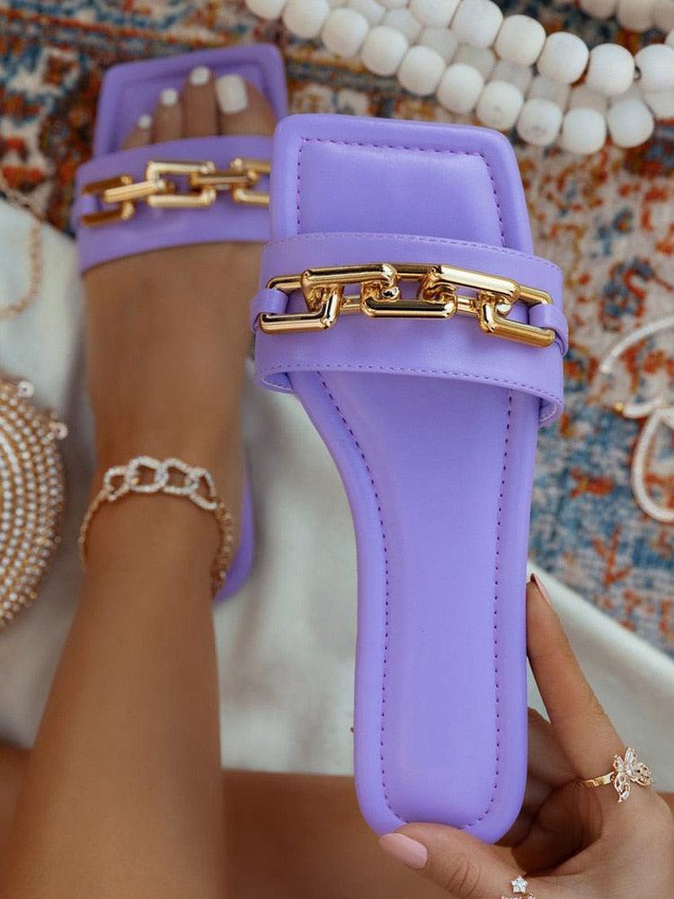 Purple Women's Square Head Flat Sandals with Gold Chain Detail