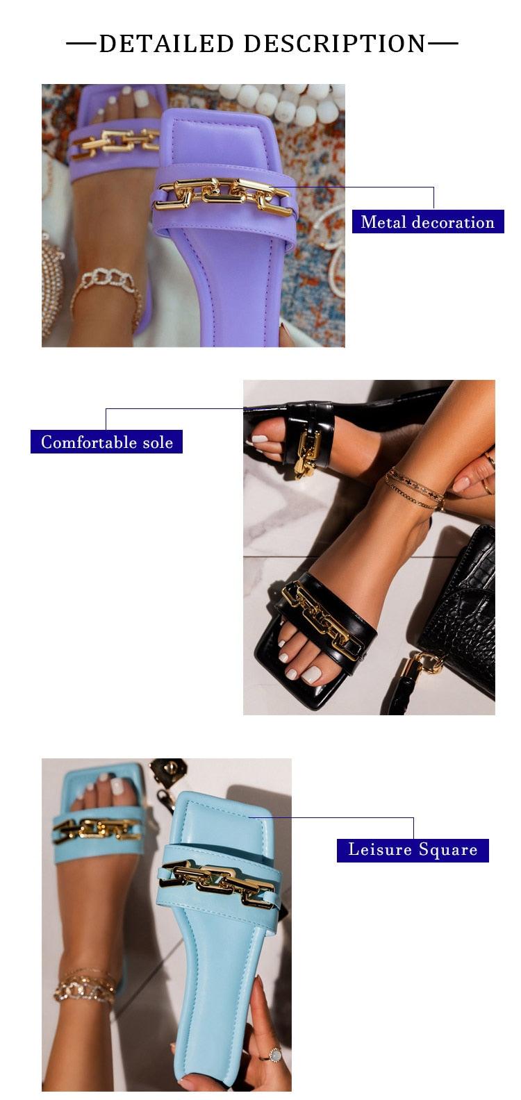 Purple Women's Square Head Flat Sandals with Gold Chain Detail