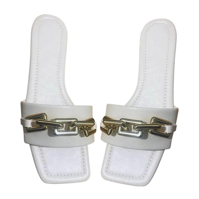 Purple Women's Square Head Flat Sandals with Gold Chain Detail