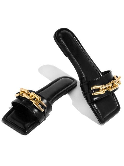Purple Women's Square Head Flat Sandals with Gold Chain Detail