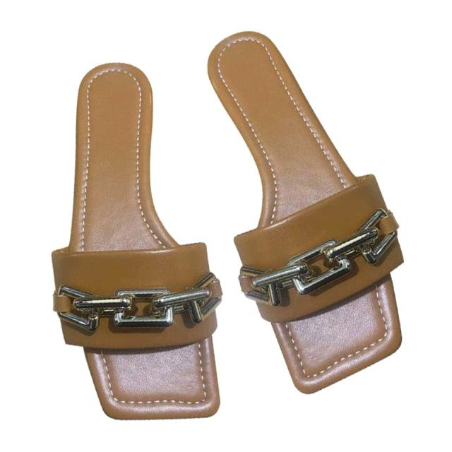 Purple Women's Square Head Flat Sandals with Gold Chain Detail