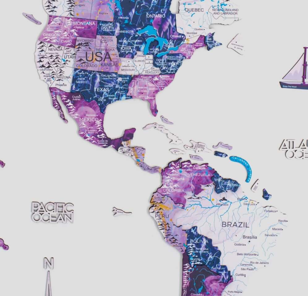 3D Wooden World Map Milky Way Purple Abstract Wall Art