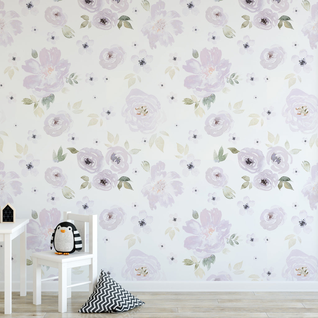 Leah Floral Whimsical Wallpaper in Lavender & White