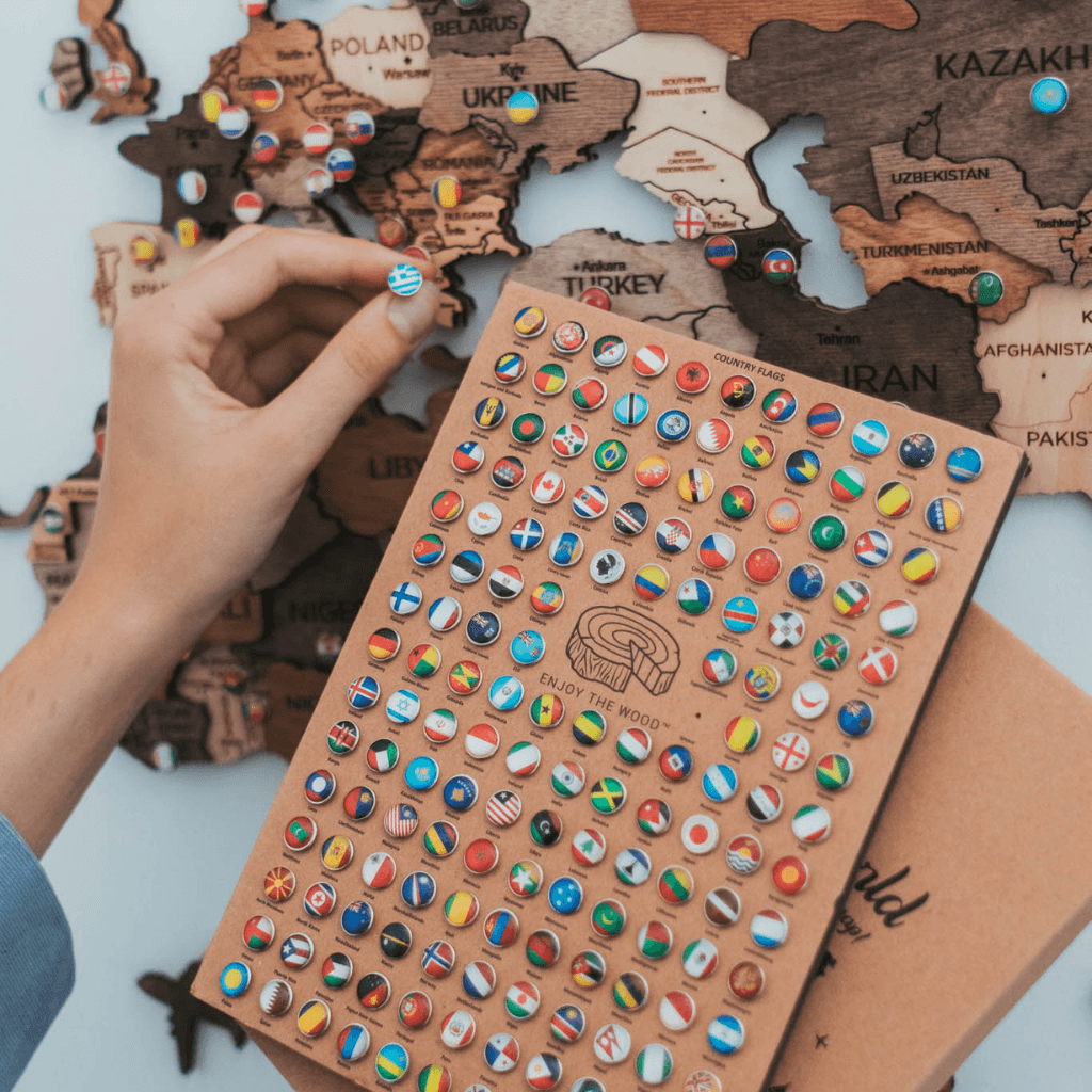 3D Wooden World Map Wall Decor with Customizable Flag Push Pins