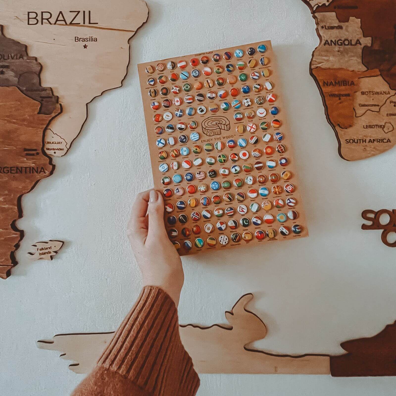 World Map Wall Art Set with Flag Push Pins in Brown Tan Beige
