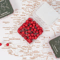 Set of red canvas push pins highlighted on a wooden world travel map