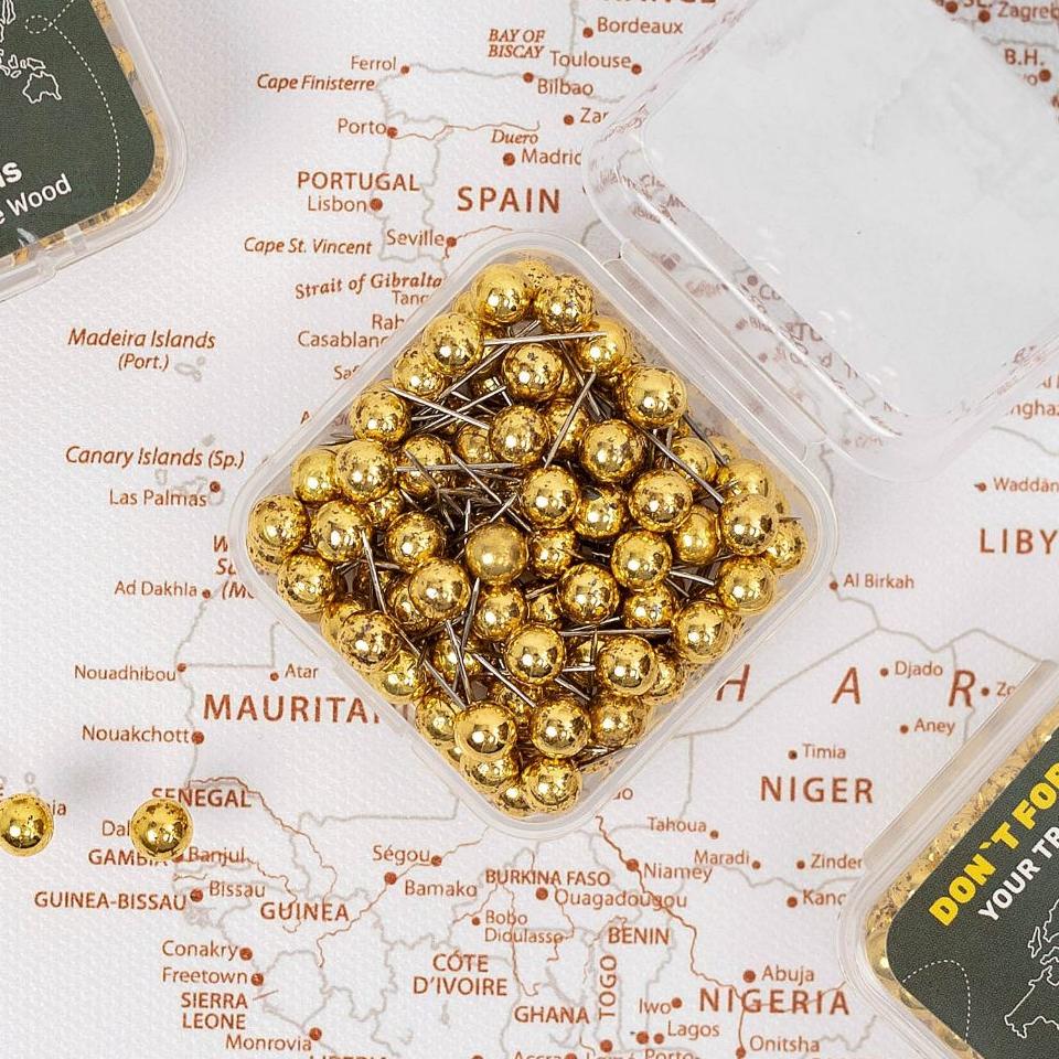 Close up of gold metallic push pins pinned into a wall map