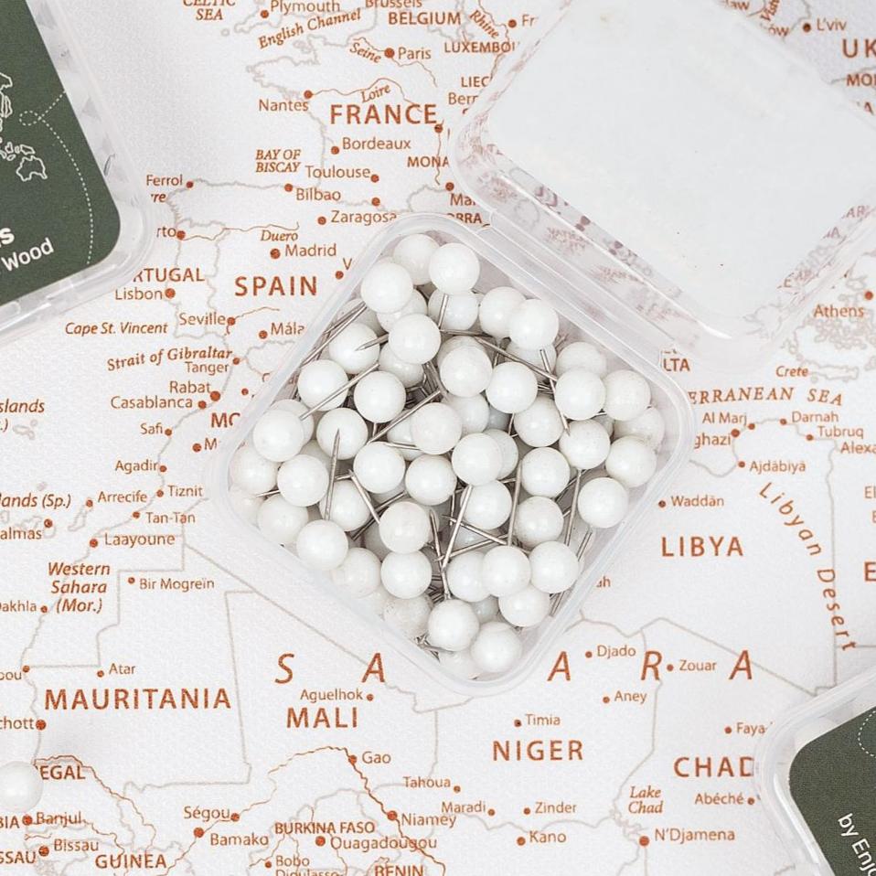 Minimalist white push pins used to mark locations on a canvas wall map